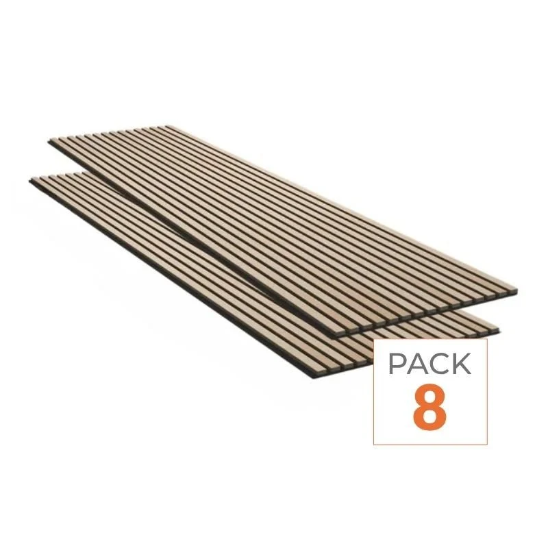 Lot de 8 Panneaux Acoustiques Muraux - Tasseaux Finition Chêne Blanc - Fond Noir - 240x60x2,2cm