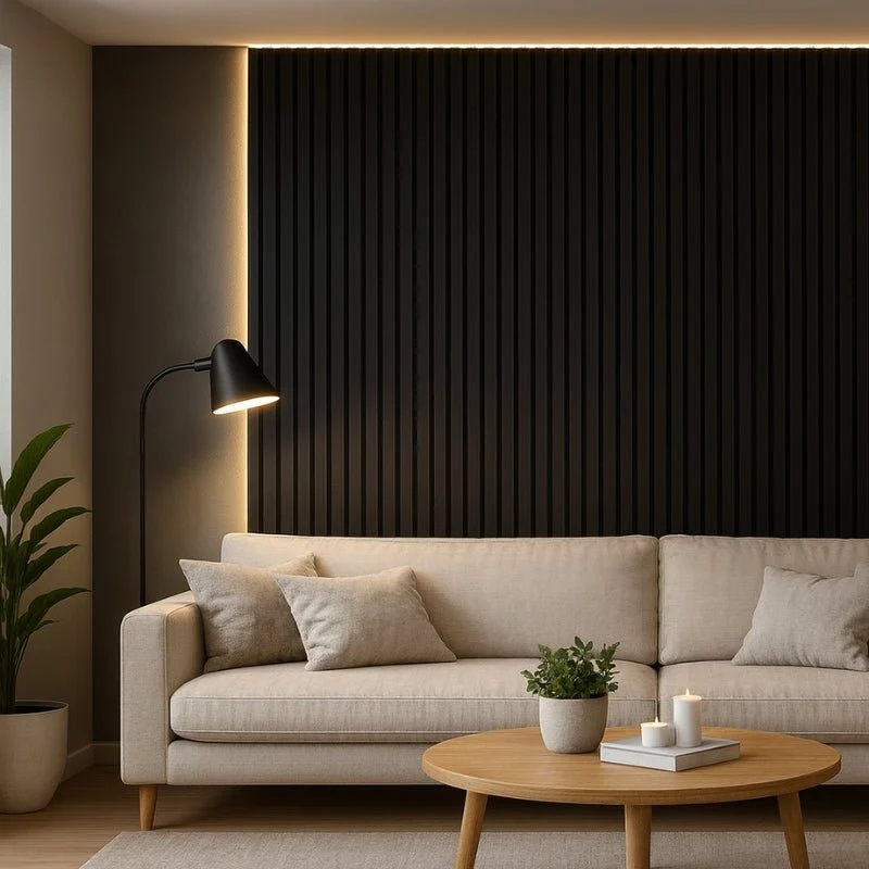 Lot de 6 Panneaux Acoustiques Muraux Bois 240x60x2,2cm - Couleur Noir avec Fond Noir