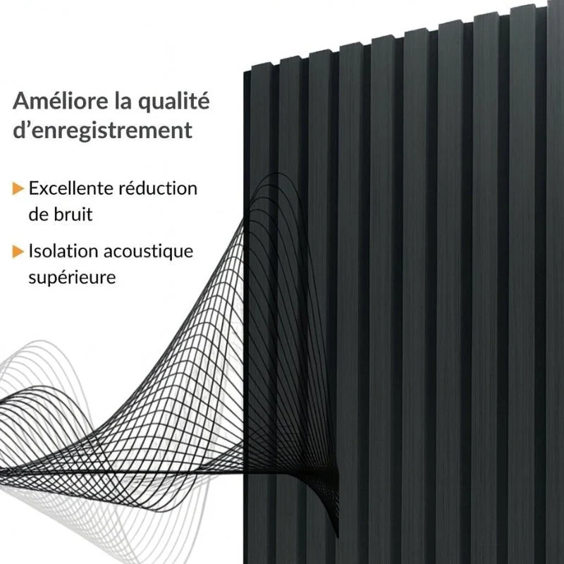 Lot de 6 Panneaux Acoustiques Muraux Bois 240x60x2,2cm - Couleur Noir avec Fond Noir