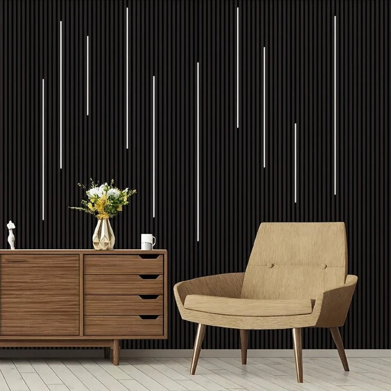 Lot de 6 Panneaux Acoustiques Muraux Bois 240x60x2,2cm - Couleur Noir avec Fond Noir