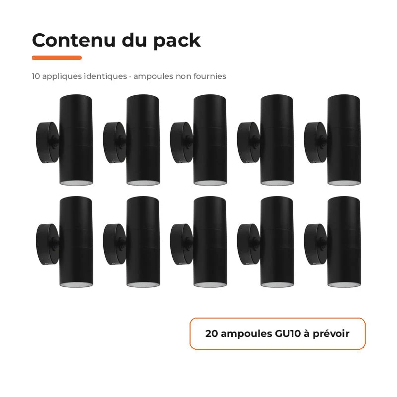 Applique Murale Noire IP65 Double Faisceau GU10 - Pack de 10