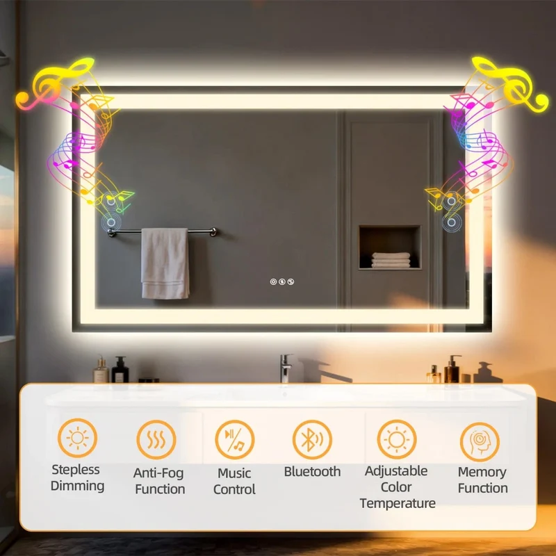 Miroir de salle de bain LED haut-parleur Bluetooth intégré, Anti-buée