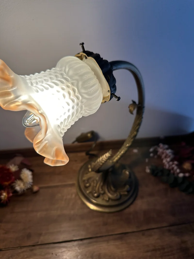 Lampe en bronze décorée de feuilles gravées globe en verre tulipe orangé