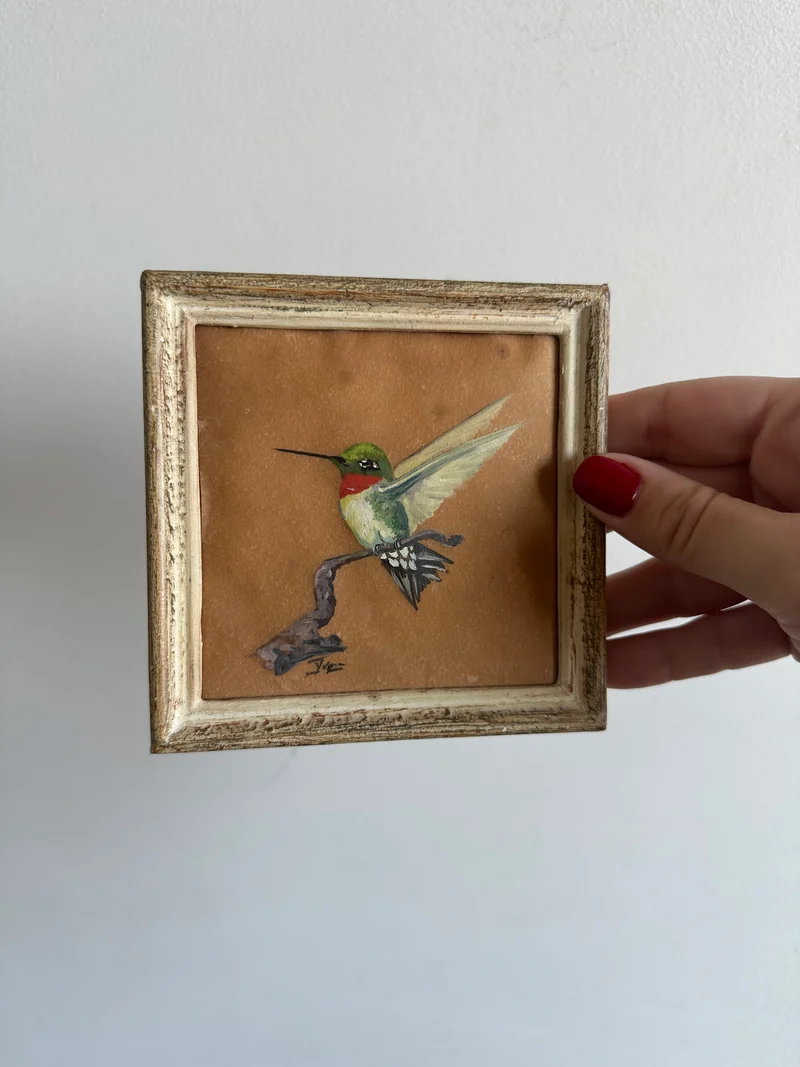 Colibri peint sur papier signé cadre en bois