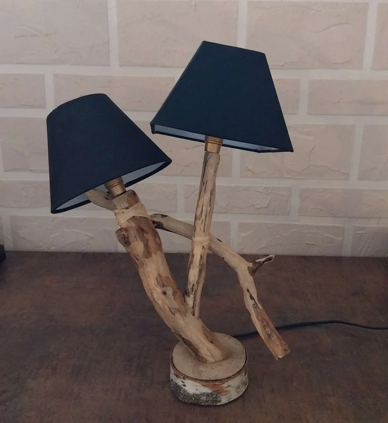 Lampe artisanale bois nature 2 abat-jour
