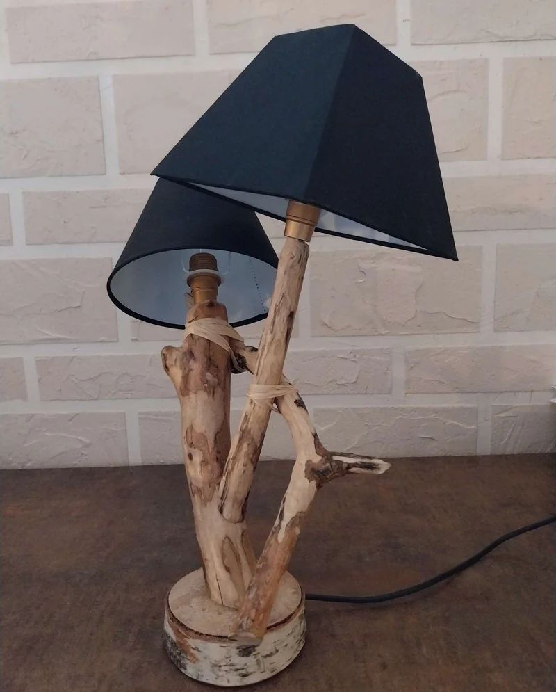 Lampe artisanale bois nature 2 abat-jour