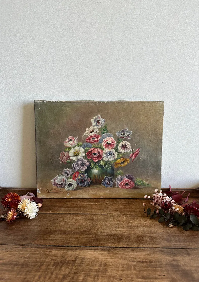 Peinture sur toile bouquet de fleurs signée 1947
