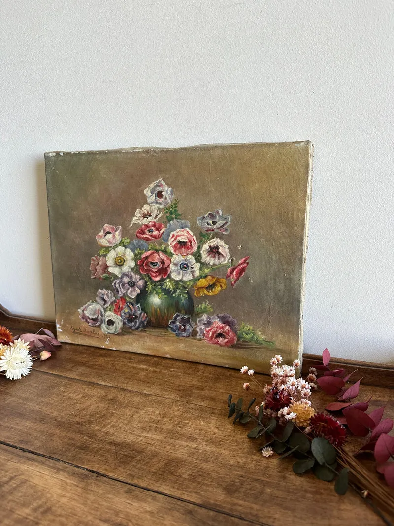 Peinture sur toile bouquet de fleurs signée 1947
