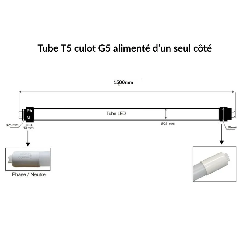 Tube LED 145cm T5 25W 140lm/W Connexion 1 Côté