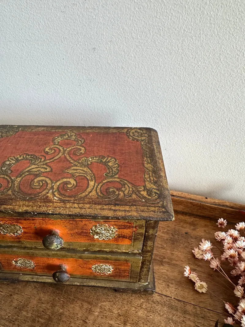 Coffret en bois style florentin rouge et or deux tiroirs