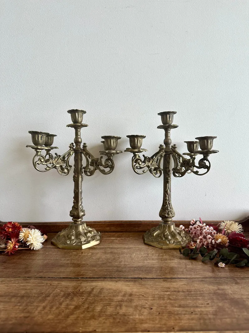 Chandeliers à 5 têtes en laiton doré pied octogonale