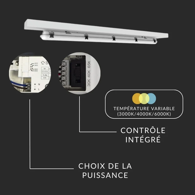 Réglette LED 120cm Étanche IP65 CCT - Puissance Ajustable 22/28/34/40W - 3000K/4000K/6500K - Pack de 6