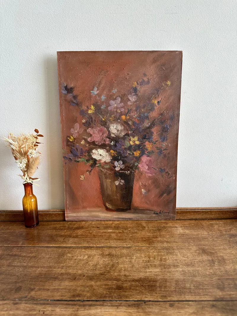 Peinture bouquet de fleurs multicolore sur fond vieux rose 1950