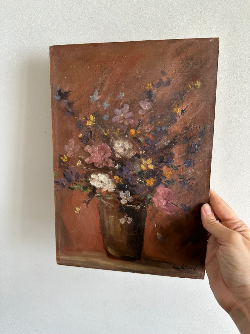 Peinture bouquet de fleurs multicolore sur fond vieux rose 1950