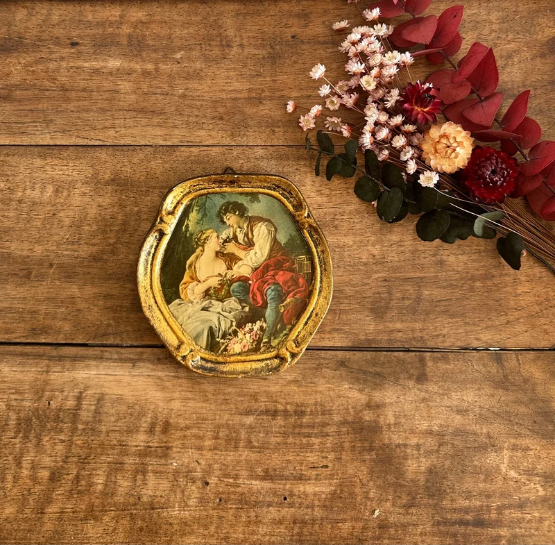 Scène d'époque sur bois encadrée, d'après François Boucher La musette