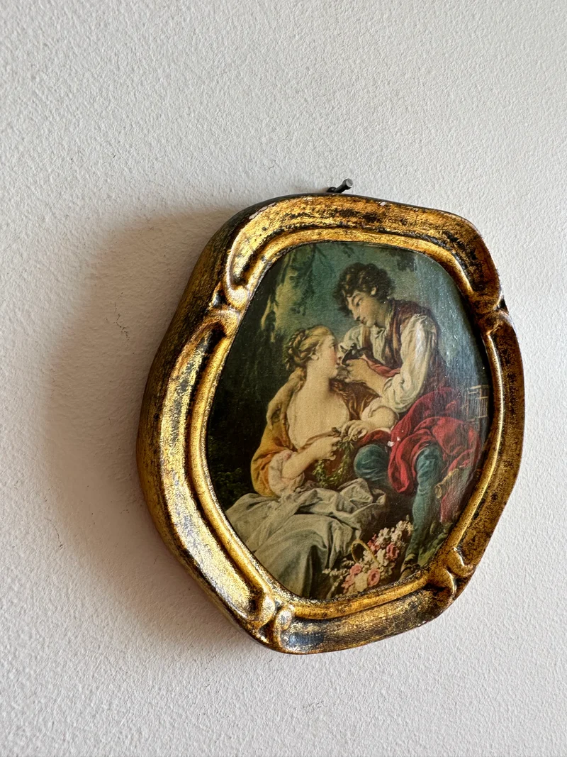 Scène d'époque sur bois encadrée, d'après François Boucher La musette