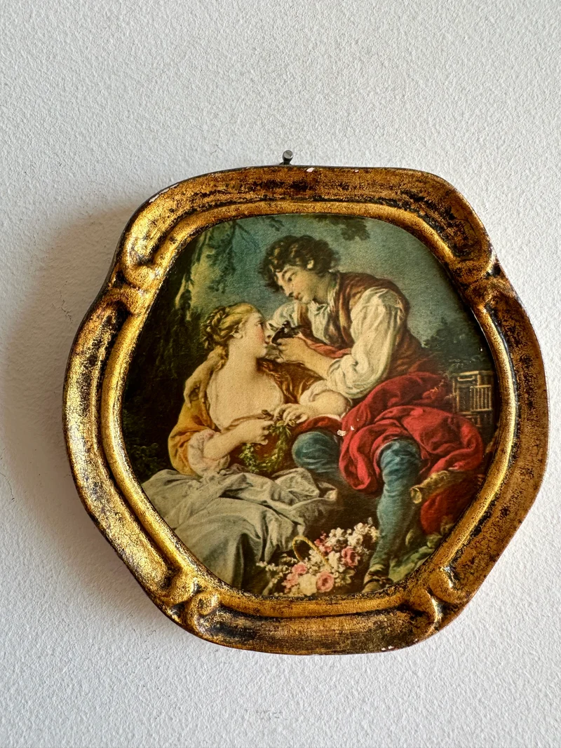 Scène d'époque sur bois encadrée, d'après François Boucher La musette