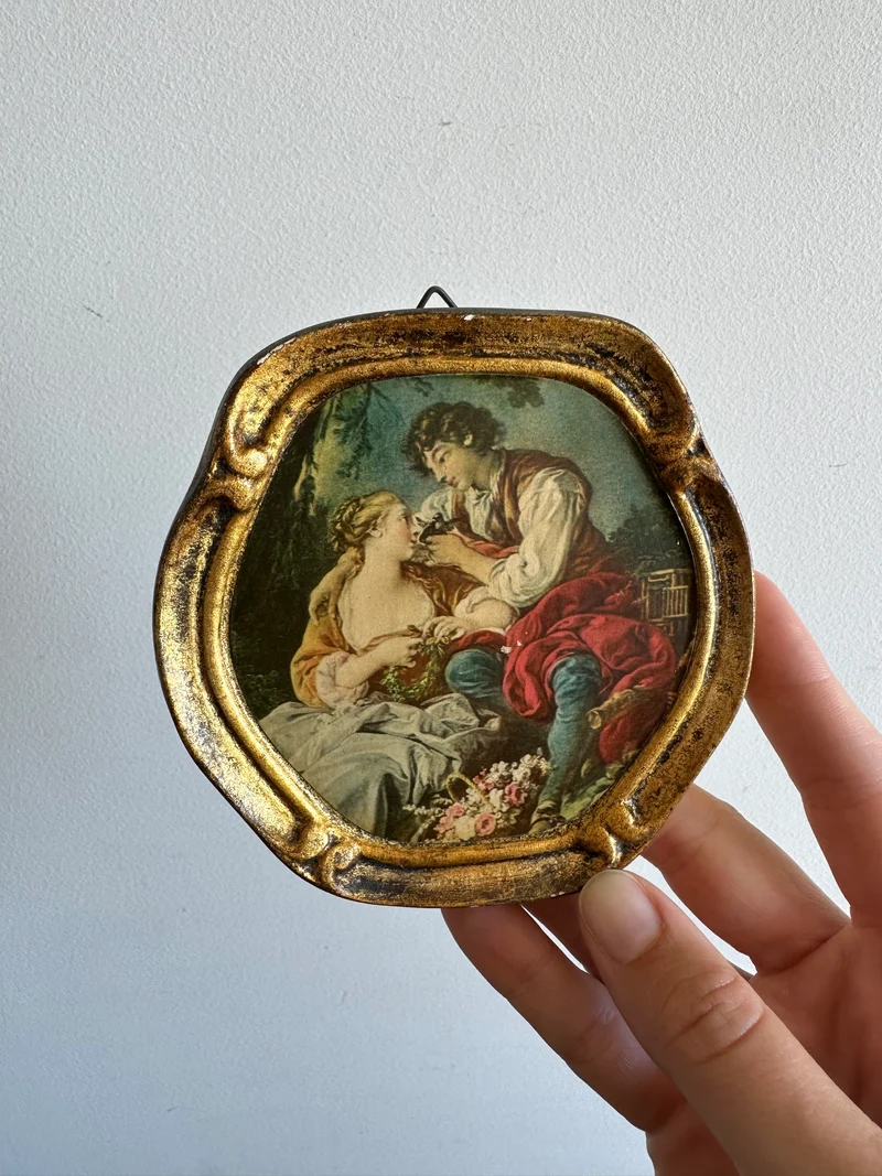 Scène d'époque sur bois encadrée, d'après François Boucher La musette