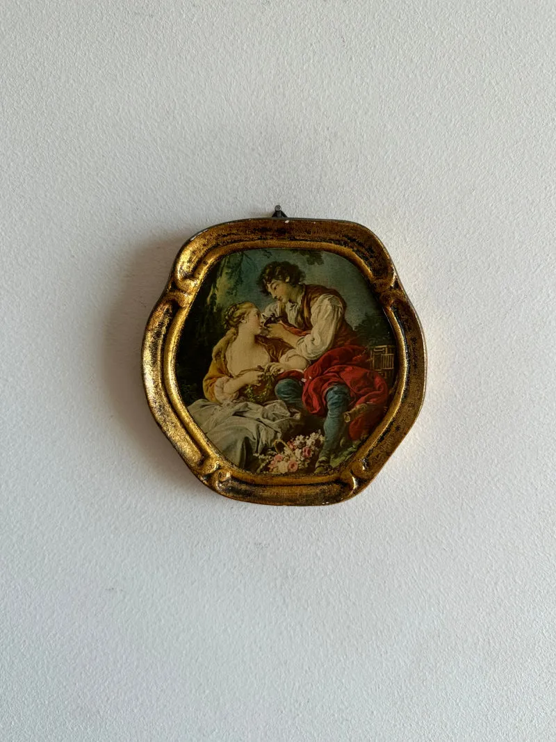 Scène d'époque sur bois encadrée, d'après François Boucher La musette