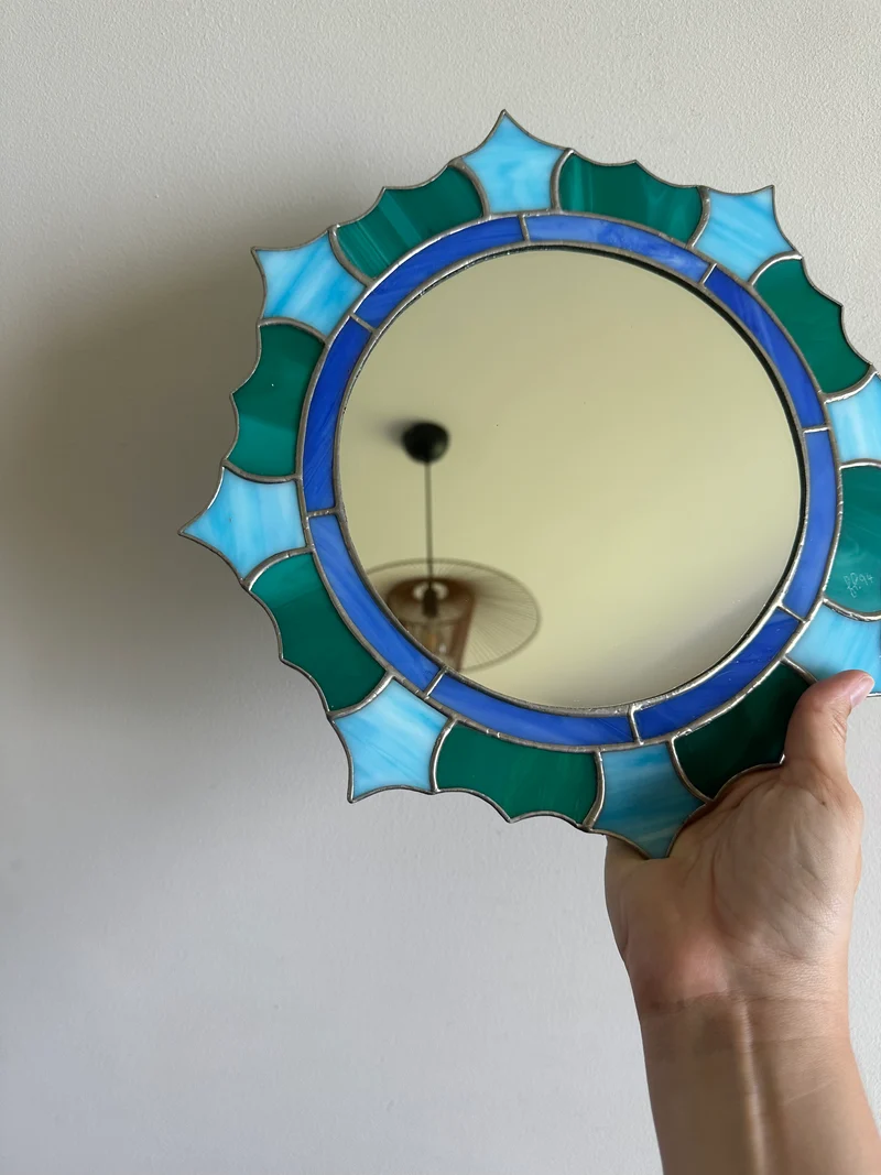 Miroir vitraux soudés bleus et verts