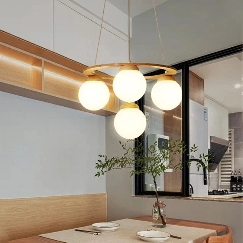 Suspension Bois et Globes Blancs