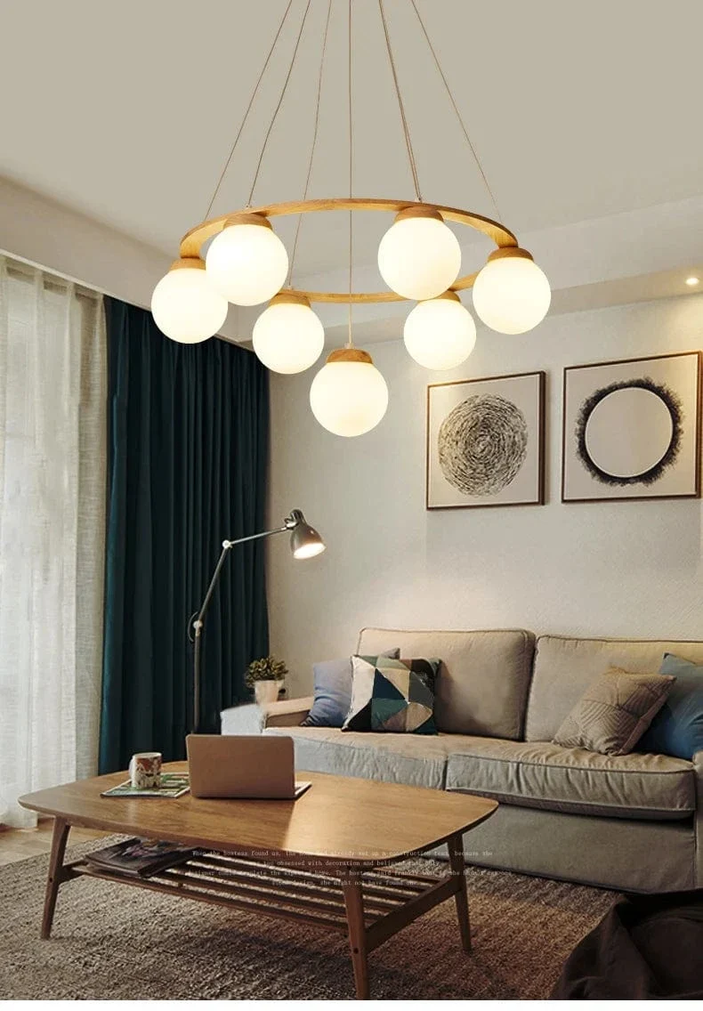 Suspension Bois et Globes Blancs