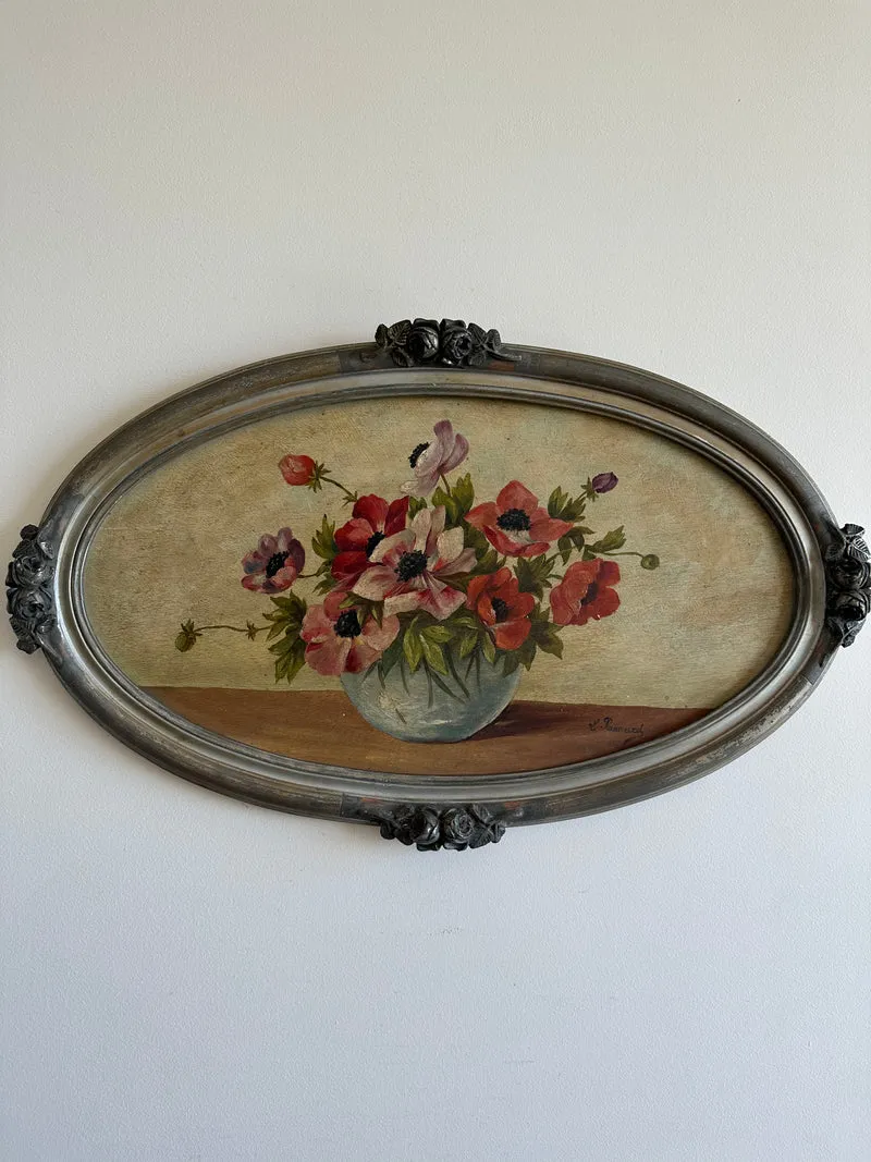 Peinture bouquet de fleurs sur planche ovale cadre gris argenté roses sculptées