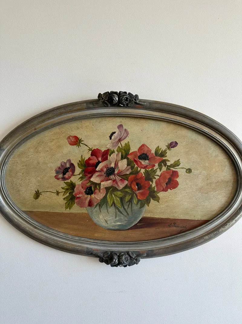 Peinture bouquet de fleurs sur planche ovale cadre gris argenté roses sculptées