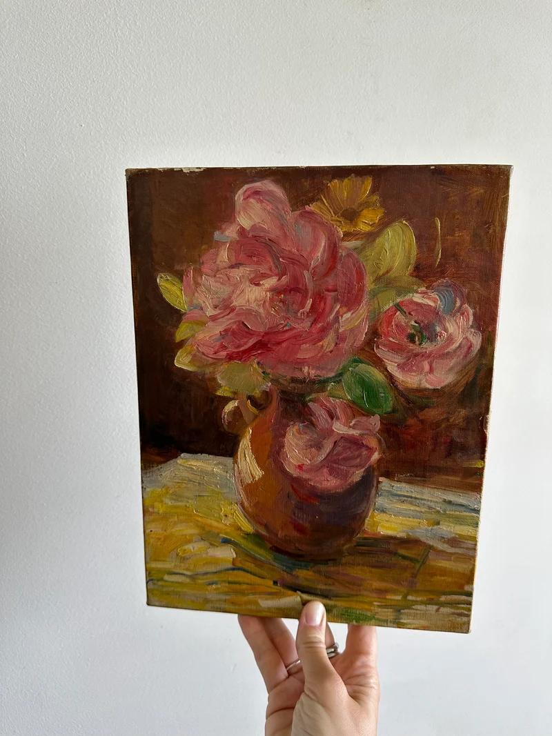 Bouquet de fleurs peint sur toile années 50