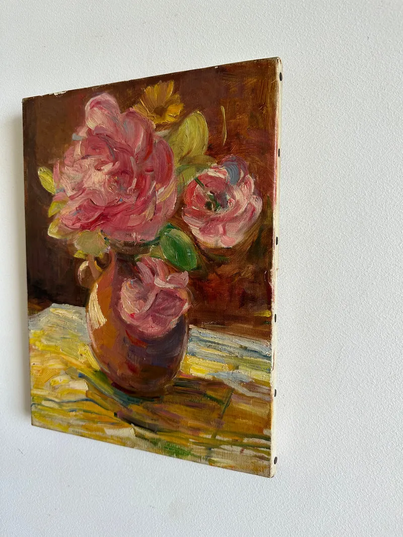 Bouquet de fleurs peint sur toile années 50