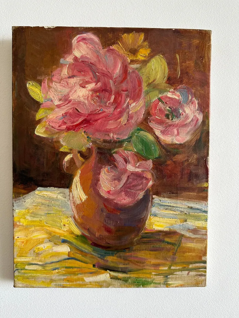 Bouquet de fleurs peint sur toile années 50