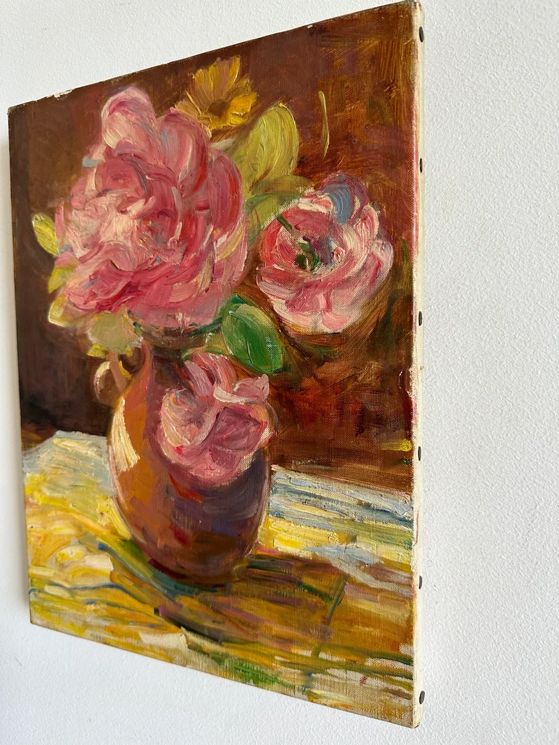 Bouquet de fleurs peint sur toile années 50