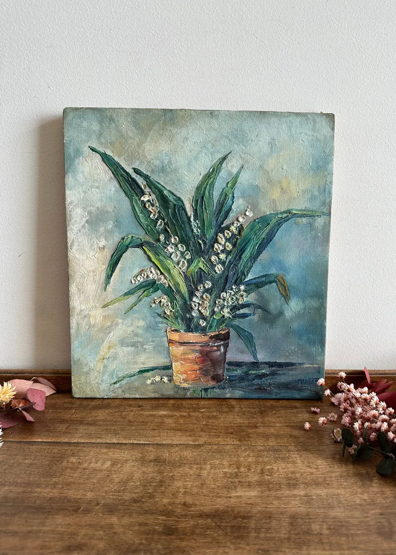Peinture bouquet de muguet fond bleu ciel