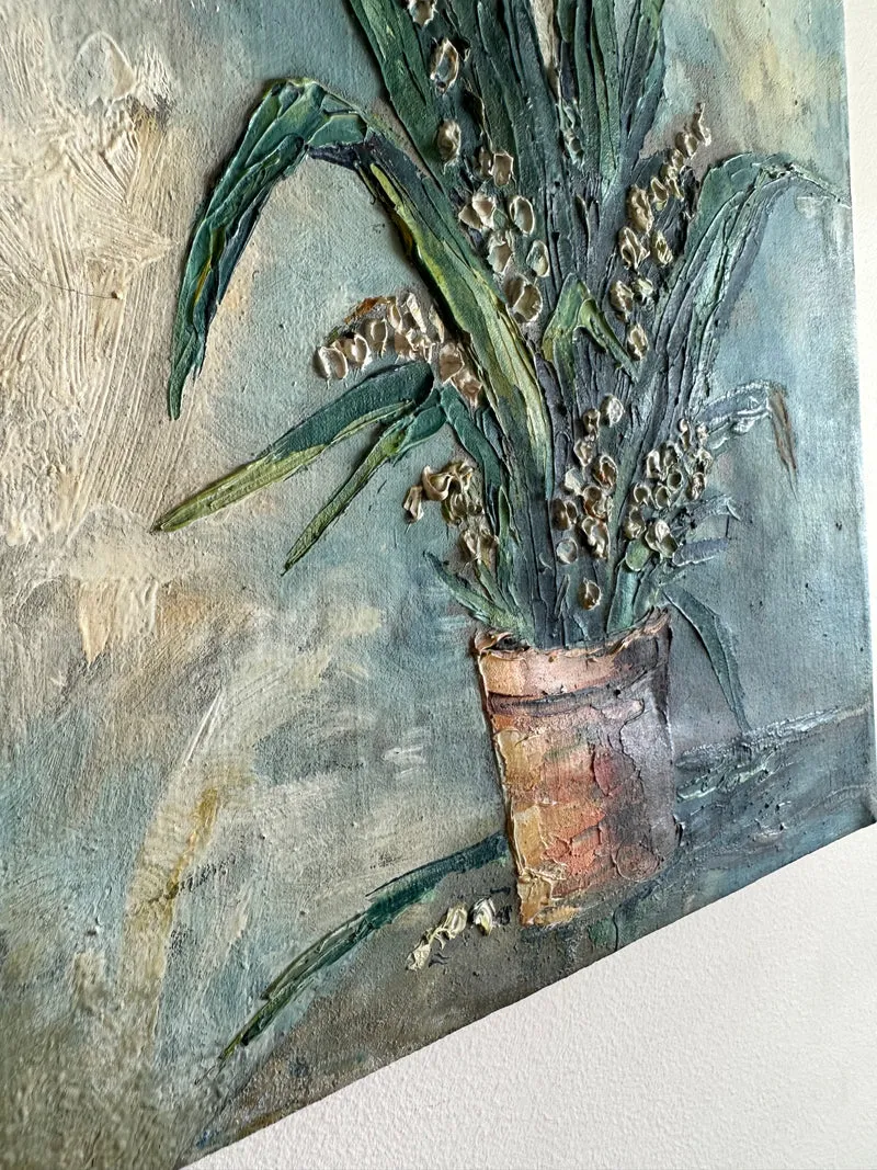 Peinture bouquet de muguet fond bleu ciel