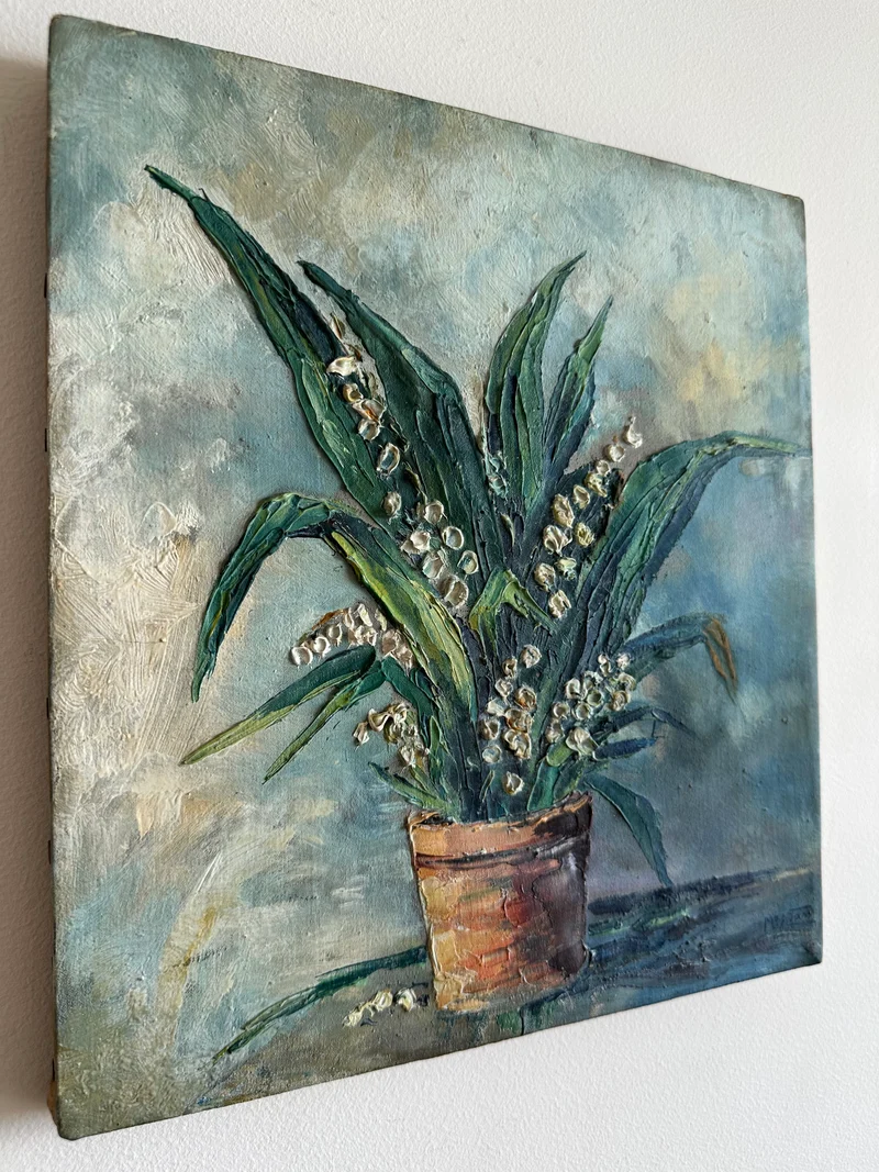 Peinture bouquet de muguet fond bleu ciel