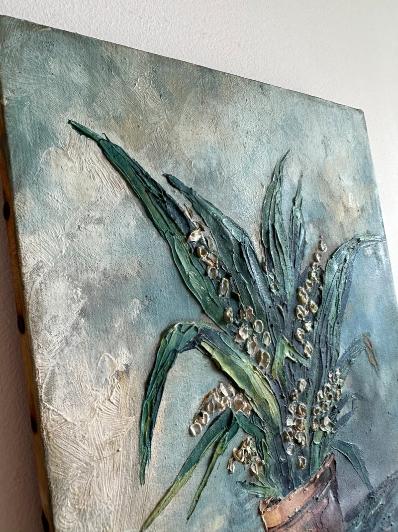 Peinture bouquet de muguet fond bleu ciel