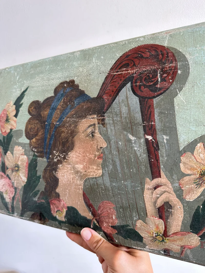 Peinture sur bois jeune fille à la harpe 1910