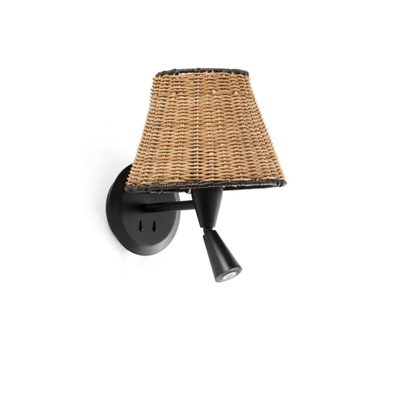Applique de chevet avec liseuse SUMBA noir/rotin