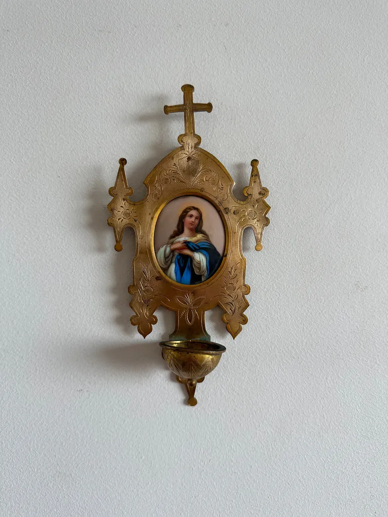 Bénitier en laiton et porcelaine émaillée XIXème