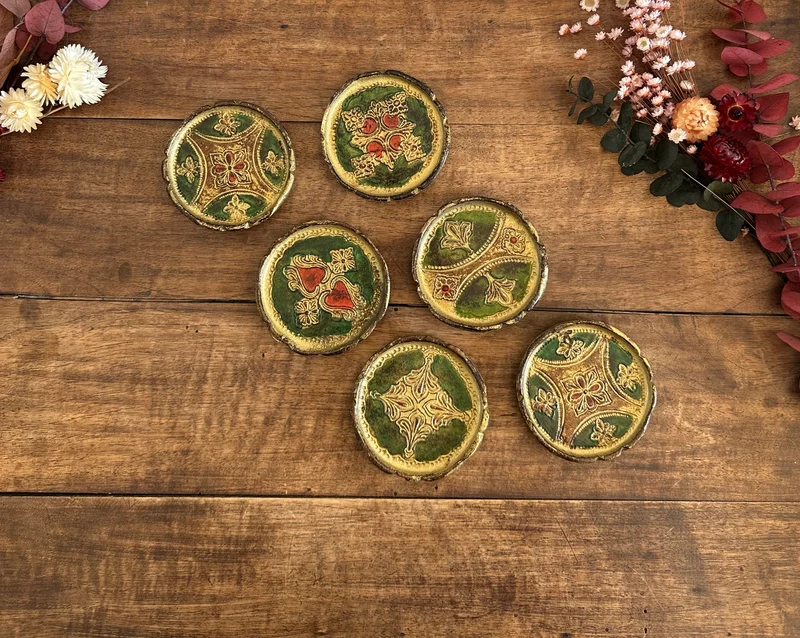 Sous verre en bois florentin or et vert x 6
