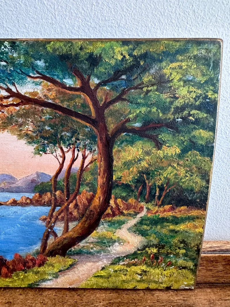 Peinture sur bois début XXème bord de mer Côte d'Azur Antibes