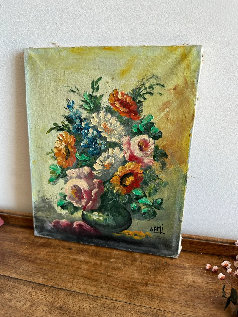 Peinture Bouquet de fleurs sur toile fond jaune signée