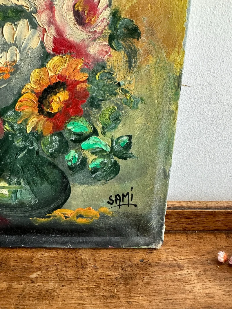 Peinture Bouquet de fleurs sur toile fond jaune signée