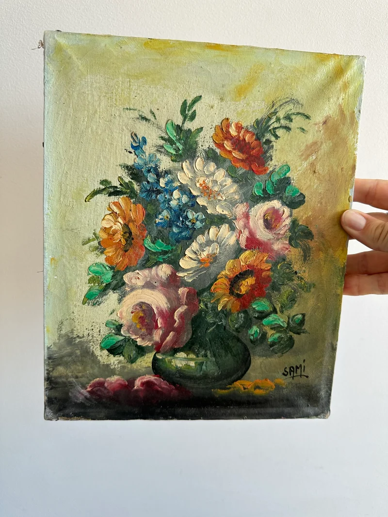 Peinture Bouquet de fleurs sur toile fond jaune signée