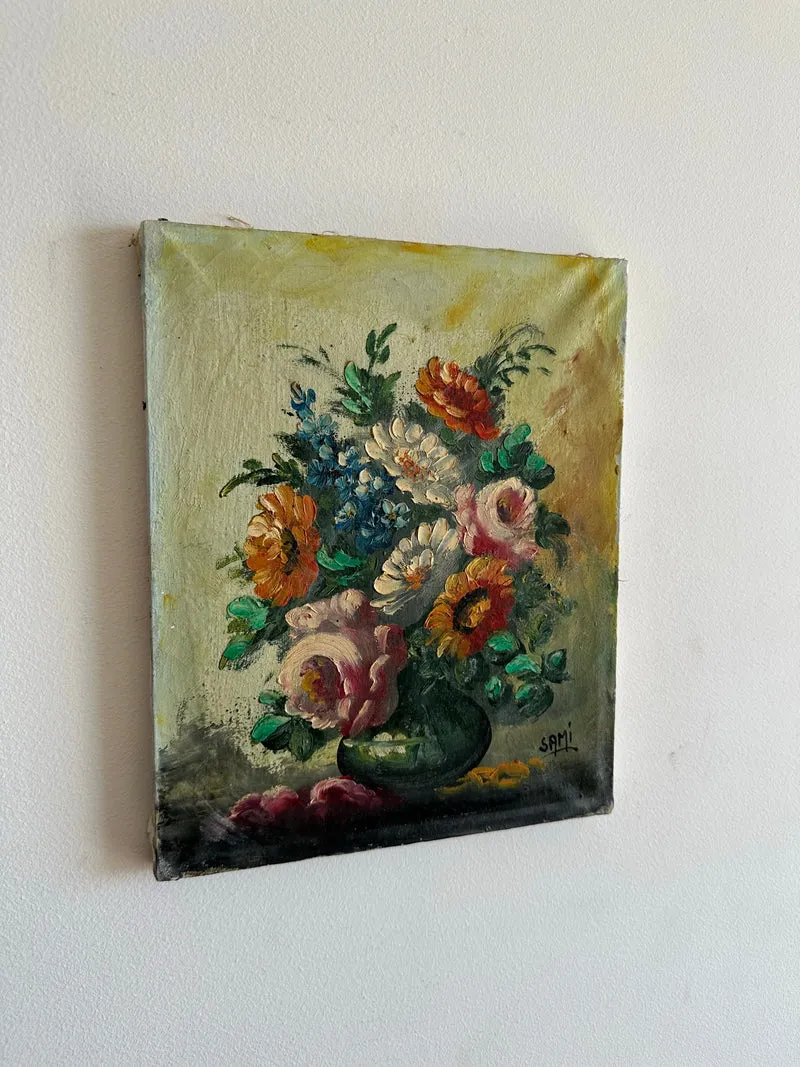 Peinture Bouquet de fleurs sur toile fond jaune signée
