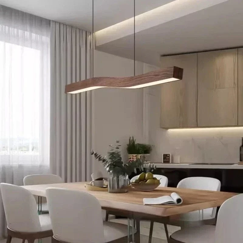 Retro Camur Linear Pendant Light – Walnut Wood Grain Long Strip Modern Hanging Lamp for Dining Room, Loft, Restaurant & Home Décor