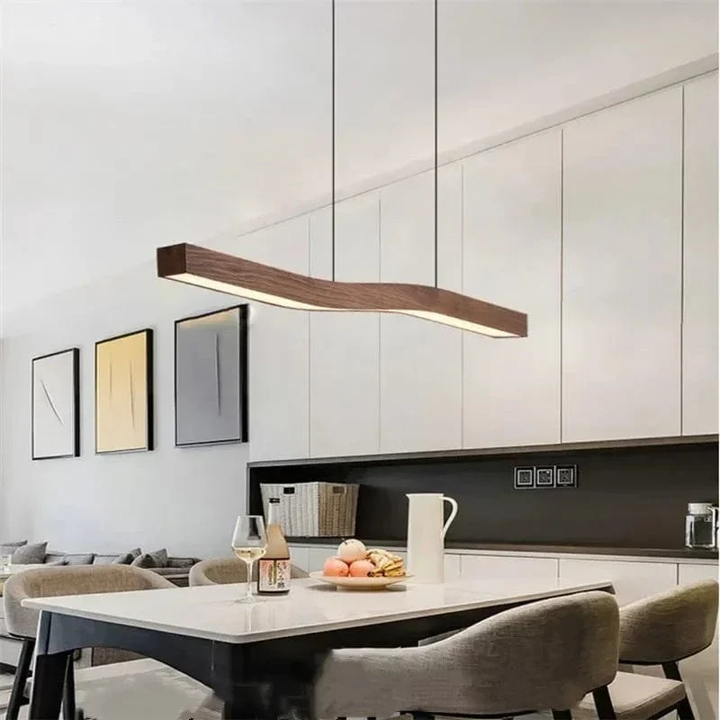 Retro Camur Linear Pendant Light – Walnut Wood Grain Long Strip Modern Hanging Lamp for Dining Room, Loft, Restaurant & Home Décor