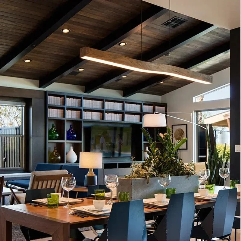Retro Camur Linear Pendant Light – Walnut Wood Grain Long Strip Modern Hanging Lamp for Dining Room, Loft, Restaurant & Home Décor