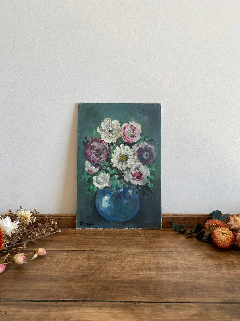Peinture sur carton nature morte sur fond bleu