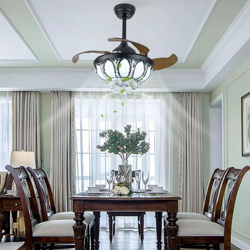 Modern Ceiling Fan With Elegant Crystal Pendant Lights And Retractable Hidden Blades Six Speed Settings Hella Smooth Airflow Killer Breeze Slick Finish For Living Rooms